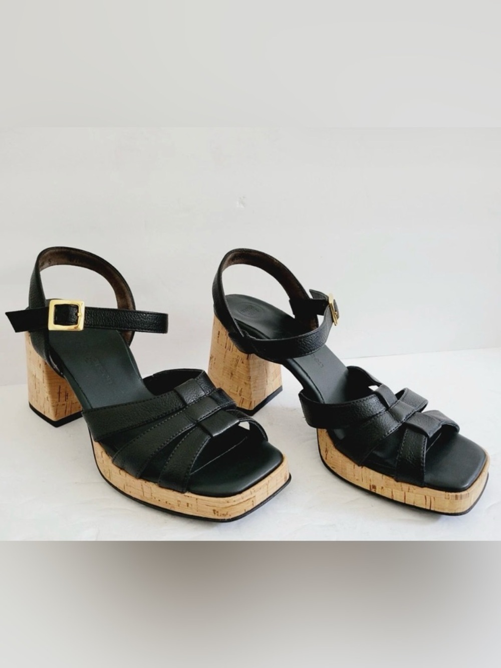 PAUL GREEN Black Leather Cork-Platform Strappy Sandals comfor insole 7 - Picture 2 of 13